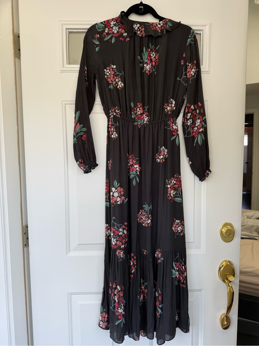LOFT Black Maxi Dress with Pink Floral Print